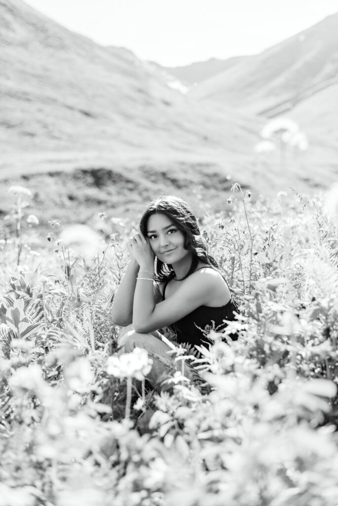 Girl in flower field at Hatcher pass